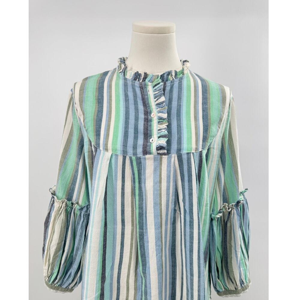 Matta Stripe Ruffle Top Boho Cotton Popover Pleated Blouse L